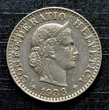 Switzerland - 1938B Twenty Rappen AU - About Uncirculated ...