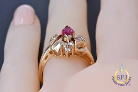 Marquise Ruby and Diamond Bypass Halo Ring, Solid 14K Yellow ...