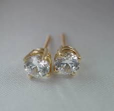 14k SOLID GOLD Vintage Jewelry Bolt Stud Earrings With Clear ...