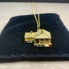 Gold Tone Necklace with Rhinestone Jeweled House Pendant | eBay