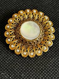 Vintage Signed Tacoa Gold Tone MOP Faux Pearls Round Pin ...