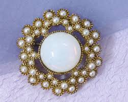 Vintage Spinx Brooch: Gold Tone Faux Moonstone & Pearl Pin ...