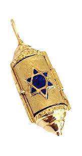 14K Gold MEZUZAH Pendant Blue Enamel Star of David & Chai ...