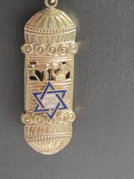 Gold Filigree Mezuzah Pendant, Blue and White Enamel Mezuzah ...