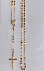Virgin Crucifix Rosary Necklace, 14K Solid three-tone Gold