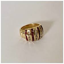 14k Clyde Duneier Ruby & Diamond Channel Set Vintage Dome Ring. For Sale at Ruby Lane