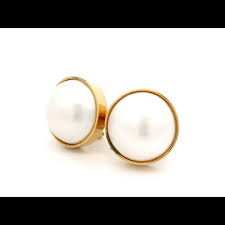 Solid Yellow Gold 14.7mm Mabe Pearl Button Clip On Earrings ...