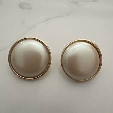 Estate Gold Tone Round Faux Pearl Cabachon Pierced ...