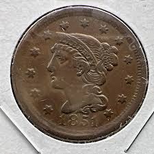 1851 1c Braided Hair Large Cent Coin OBV Struck Thru ...