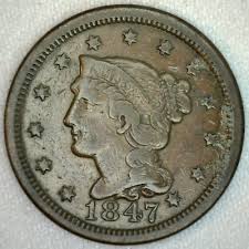 1847 Braided Hair US One Cent Penny Coin 1c Large Cent Copper Coin VF Very Fine | eBay