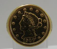 Sold at Auction: US 1907 $2.5 GOLD COIN 18K 6 DIAMOND RING SIZE 9