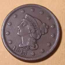 LOW MINTAGE 1843 Braided Liberty Large Cent Petite Head ...