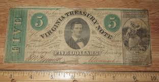 1862 $5 Virginia Treasury note U.S. obsolete currency five ...