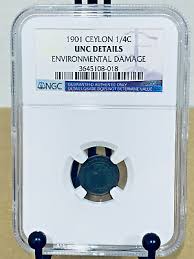 1901 Ceylon 1/4 Cent NGC UNC Details Environmental Damage ...