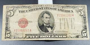 1928 C $5 Five Dollar United States Red Seal Note Misaligned ...