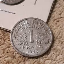 1943 WWII French ~ 1 Franc Coin ~ heavily Circulated ~ ww2 ...
