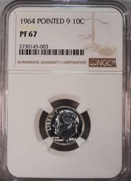 1964 Proof Roosevelt Dime, 10c, POINTED 9, NGC PF67, beauty ...