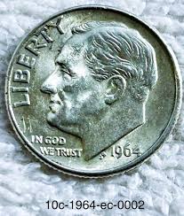 1964-D Roosevelt Dime MS with errors. Last year of the 90 ...