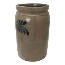 Antique Early to Mid 19th Century American Stoneware Storage Jar - Crock With 3 Blue Hand Decorated Features | Chairish