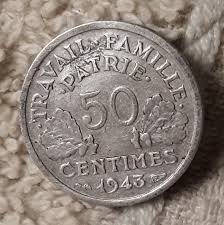 1943 Vintage French 50 Centimes, Small Coin Of France ...