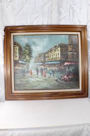 unique painted historical village framed art signed T ...