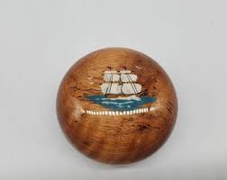 Solid Walnut Wood Round Paperweight Hand Painted Ship Seagle ...