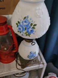 Vintage Hurricane Lamp White / Blue Ruffled Flower | eBay