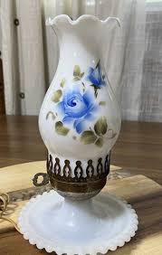 Vintage Electric Hurricane Lamp Blue Flower White Base W ...