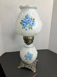 Vintage White Painted Glass Hurricane Lamp Blue Roses Two ...