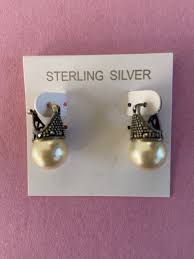 Sterling Silver Vintage Marcasite Simulated Pearl Earrings ...