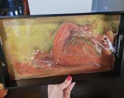 Acrylic Pouring Decorative Tray - Marbled Gold and Copper Painting - Wood Tray With Resin 14 1/2 X 8 in -housewarming Gift - Etsy