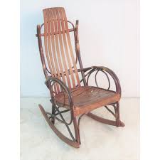 Late 20th Century Adirondack Oak Slat Seat Twig Rocker | Chairish