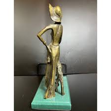 Art Deco Vintage Brass Status - Woman walking Dog | eBay