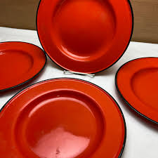 Orange Enamel Plates SET of 4 Wide Rim With Black Trim 10.5 ...