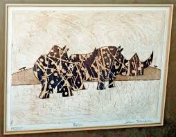 60s English Etching Aquatint Print Rhinos by Julian ...