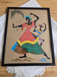 Vtg. mcm painted wood stylized island natives. Framed/signed ...
