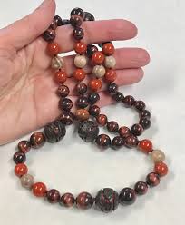 Vintage Chinese RARE BROWN Floral CINNABAR Bead Knotted ...