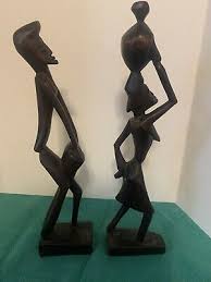 African Folk Art Statues Hand Carved Wood man Woman drum ...