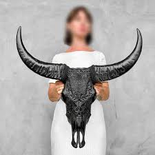 Carved Buffalo Skull With Floral Motif - Black Wall Art ...