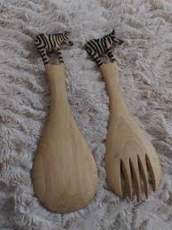 Hand Carved African Wooden Zebra 7.5" Salad Spoon & Fork Set ...