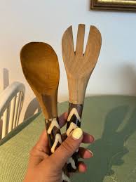 Vintage Carved Wooden Salad Spoon and Fork,animal Bone ...