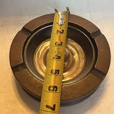 Vintage Mid Century Round Ashtray Wood Clear Glass Insert ...