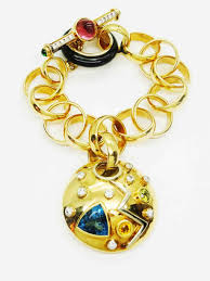 5.32ct tw Natural Multi Gem Round Dangle Rolo Link Toggle Bracelet 18k Gold - Jewelry & Coin Mart, Schaumburg, IL
