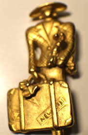 VINTAGE BROOCH PIN LADY W/SMALL DOG TRAVELING Gold Tone ...
