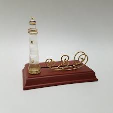 Lighthouse Business Card Holder Etched Glass Gold Accent Wood Base | eBay