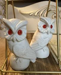 Pair Vintage Salt Stone Alabaster White Owl Figurine Italian ...