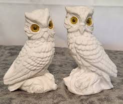 Pair 2 Vintage White Owls Figurines Statue Collectible Bird ...
