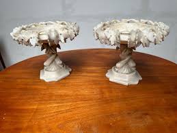 Antique and Rare Pair of Hand Carved Italian Alabaster Tazza Table Display Pieces For Sale at 1stDibs