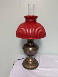 Lamp, brass base, red fluted glass shade, 22 inches high ...