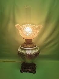 Antique Vtg Oil Electrified Lamp Hand Painted Embossed Flowers Hankie Shade | eBay